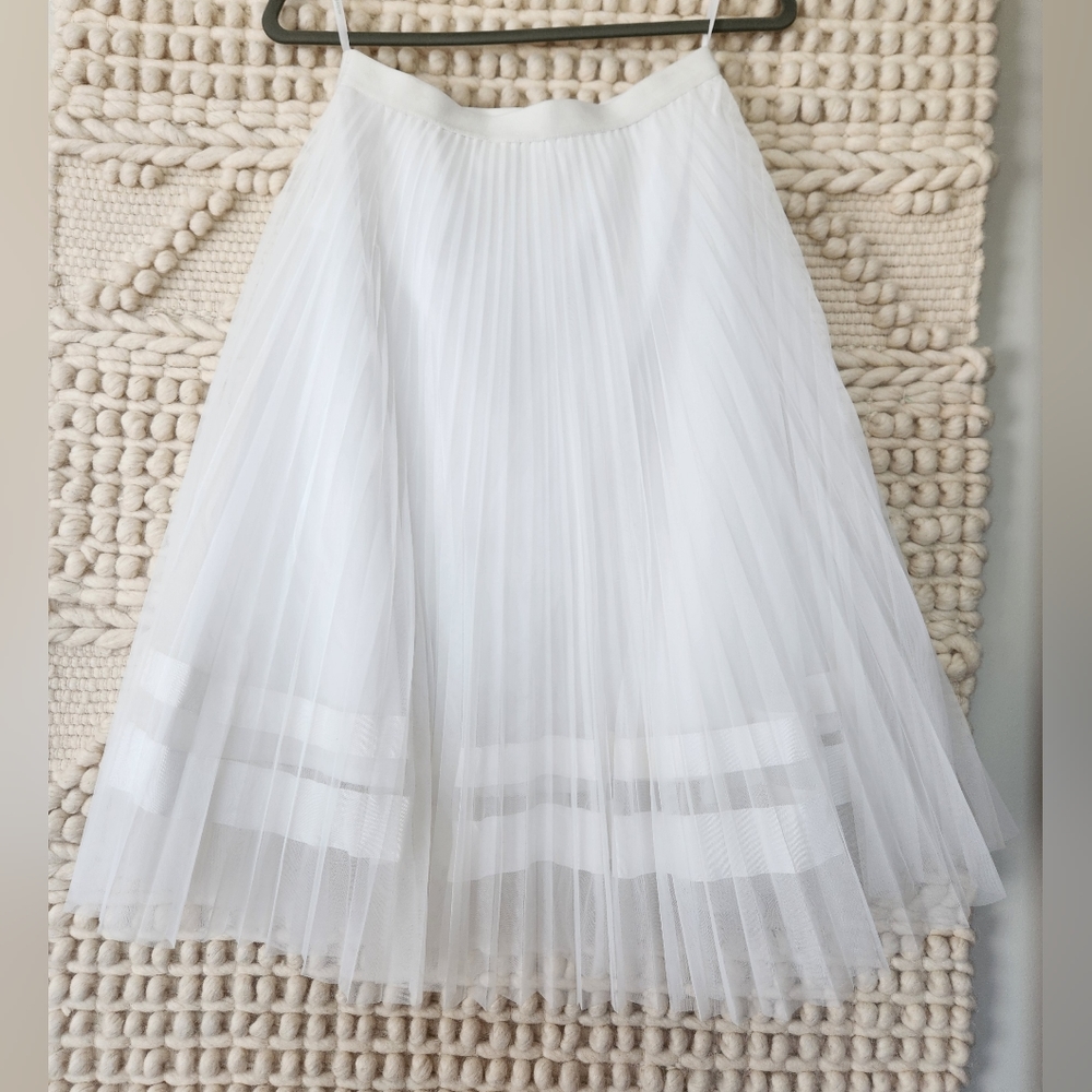 White TULLE Pleated A-Line Layered Midi Skirt